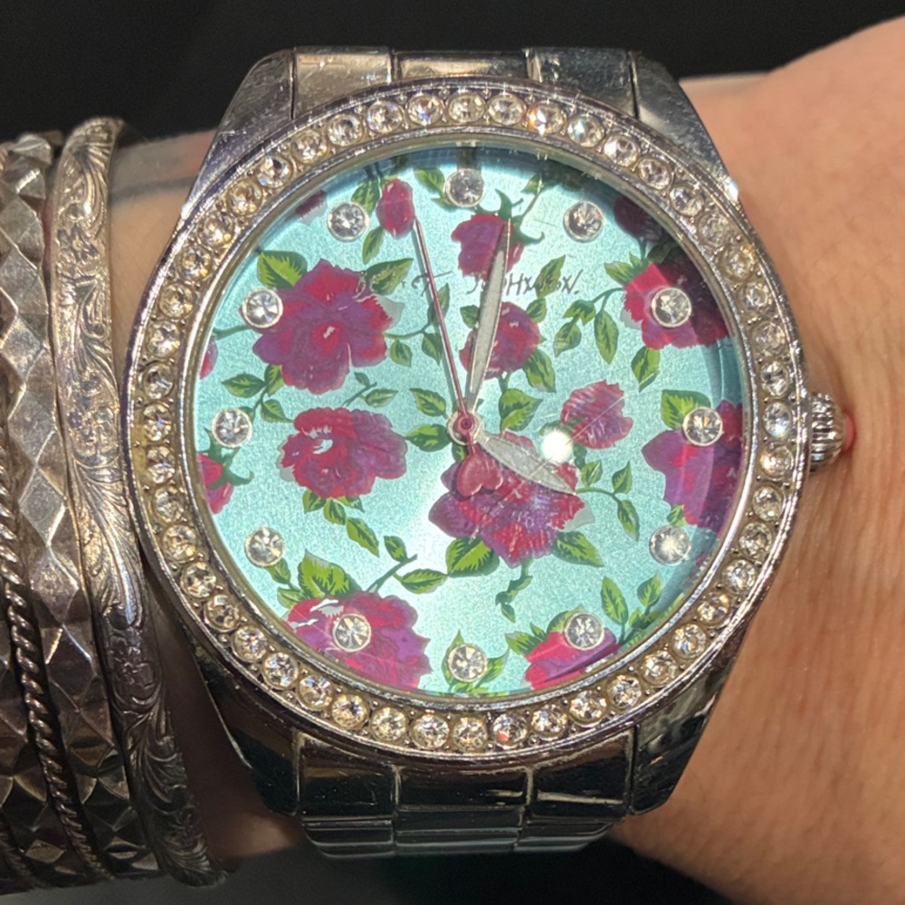 Betsey Johnson Silver Watch with Aqua Floral Dial and Pink Flowers